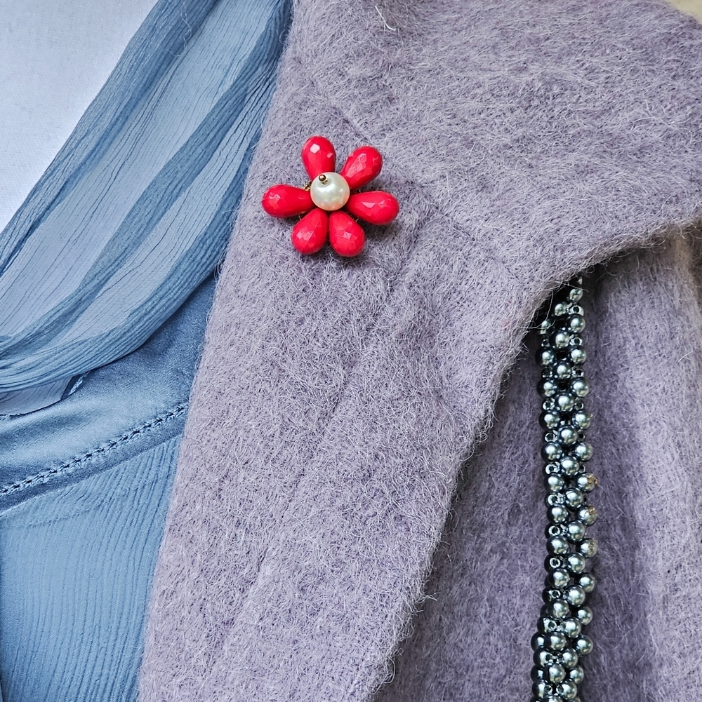 Red Flower Beaded Brooch